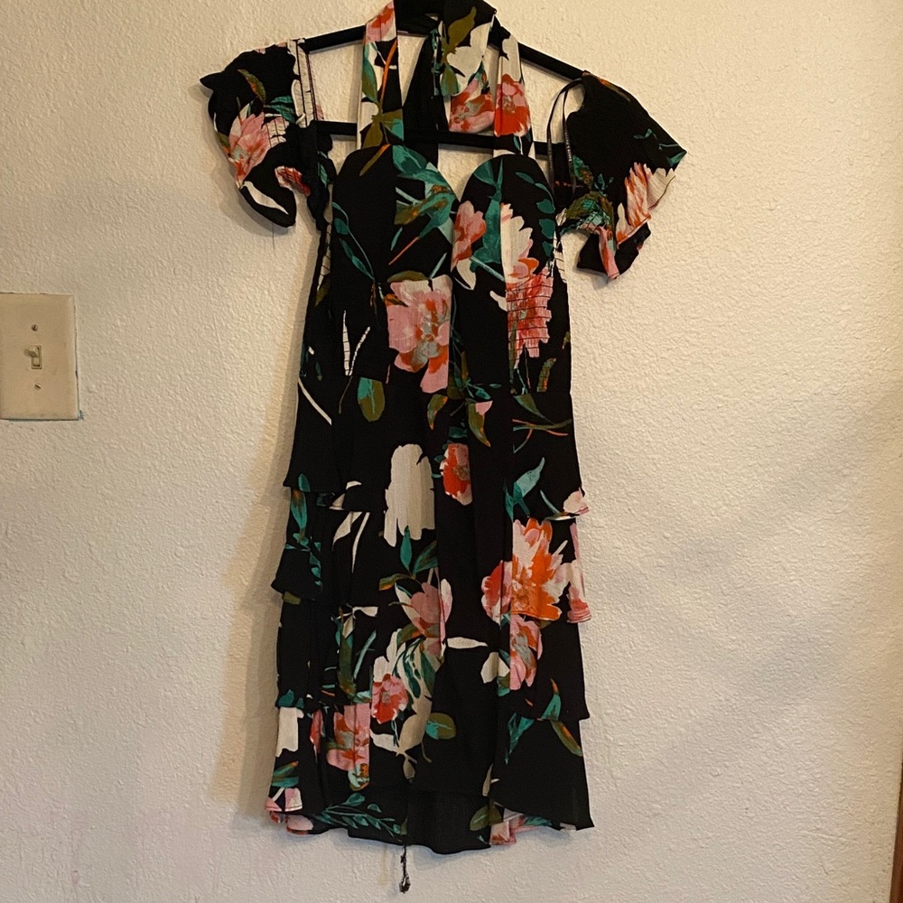 Dance & Marvel Black Floral Mini Dress with Pink and Green Blooms
